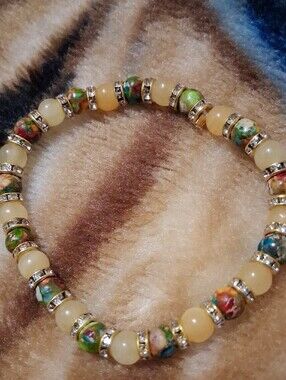 Honey Calcite & Imperial Jasper Beaded Stretch Bracelet - Yellow